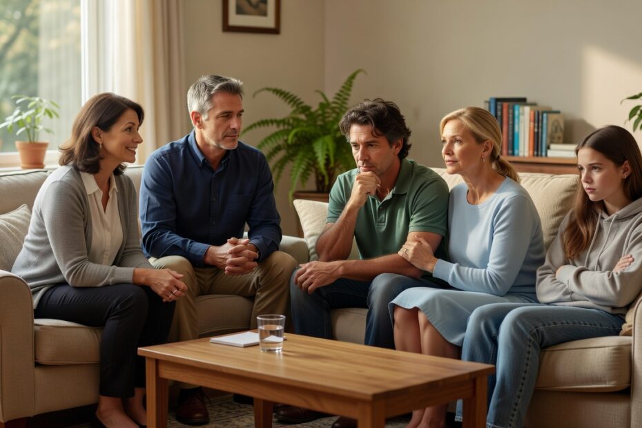 Grupo de personas conversando en una sala de estar