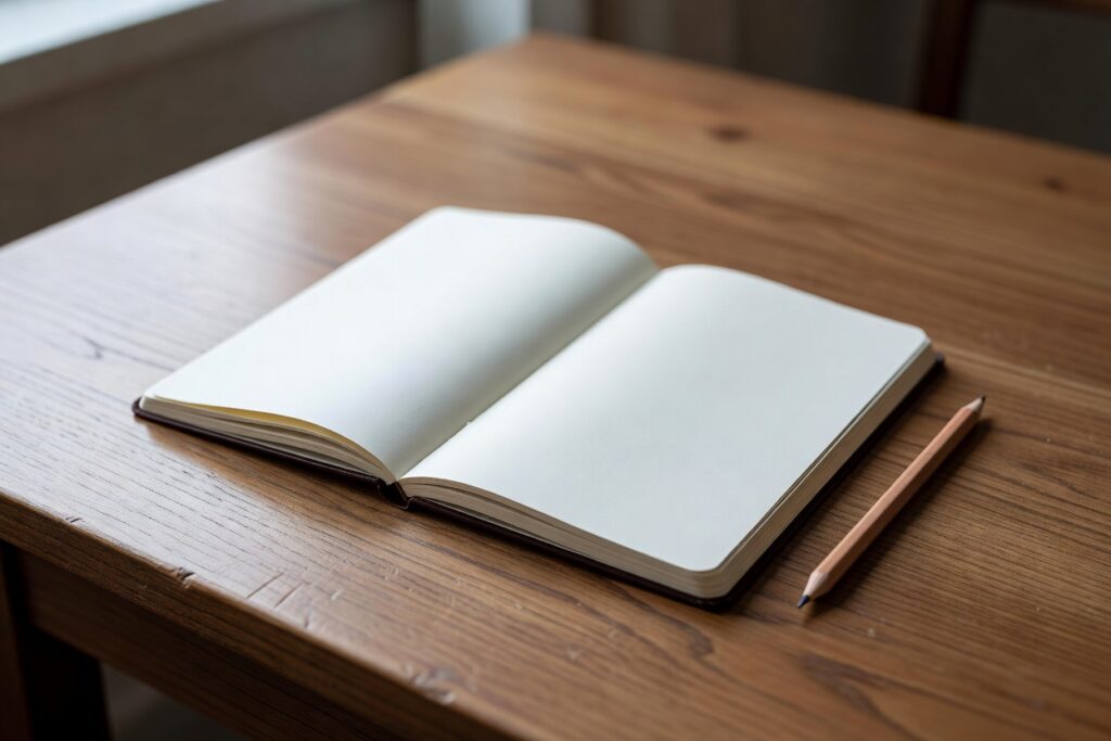 Cuaderno abierto y un lápiz sobre un escritorio