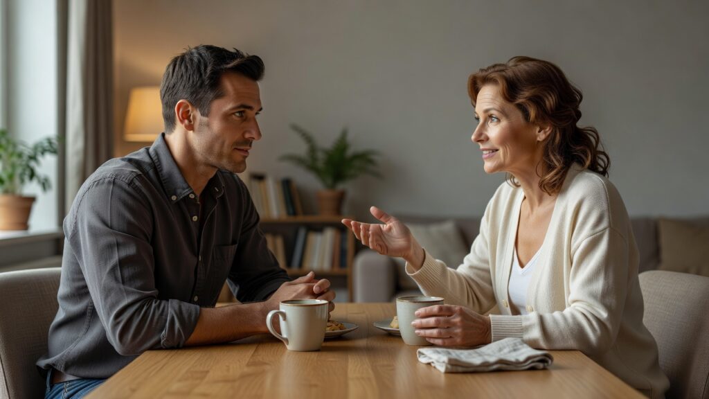 Dos personas conversando sentadas frente a frente