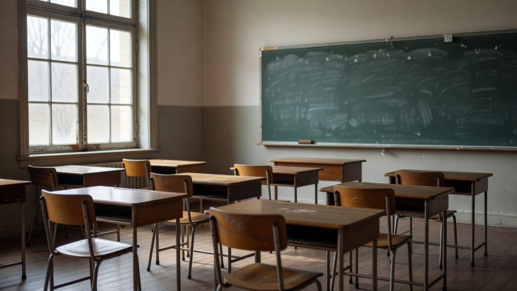 Aula vacía con pupitres y una ventana