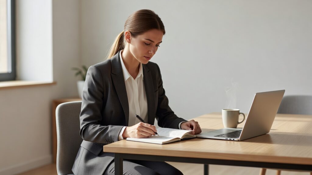 Persona revisando notas en un escritorio