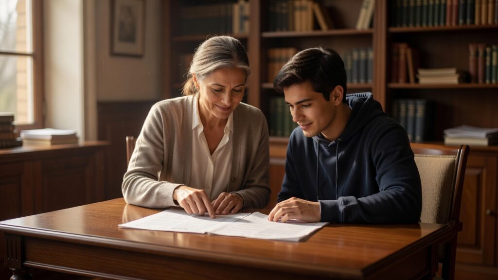 Mentor y estudiante revisando un documento juntos