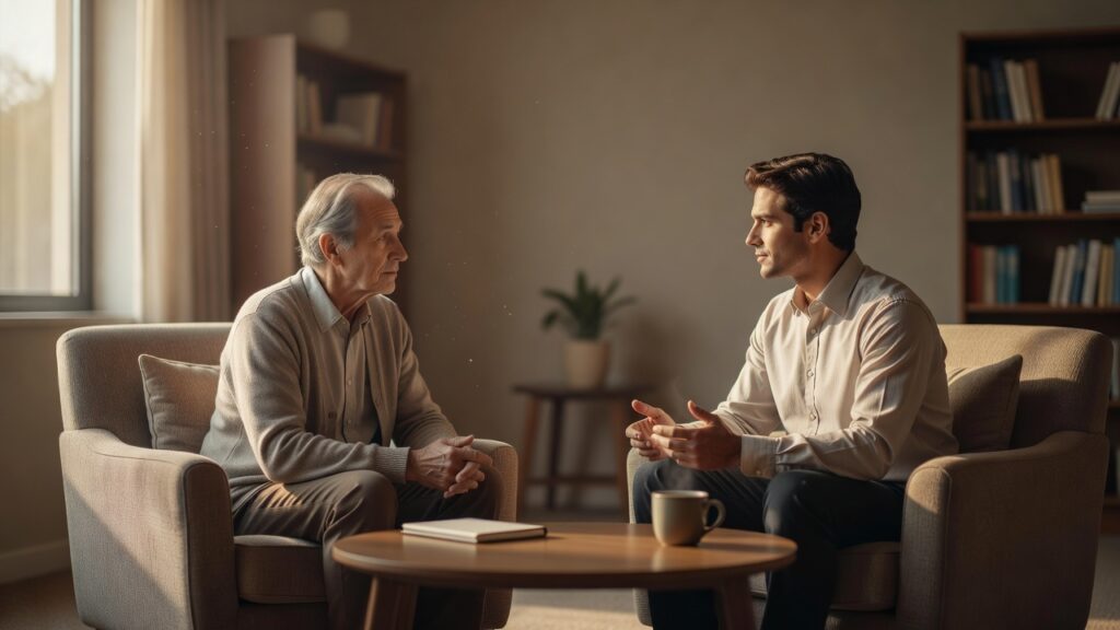 Dos personas conversando en una sala