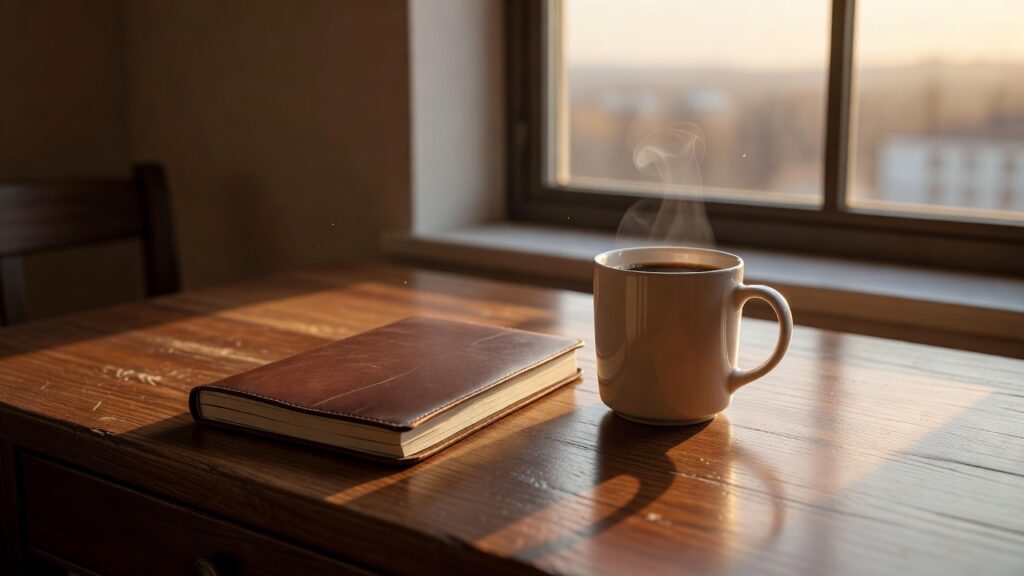 Cuaderno cerrado junto a una taza, al lado de una ventana