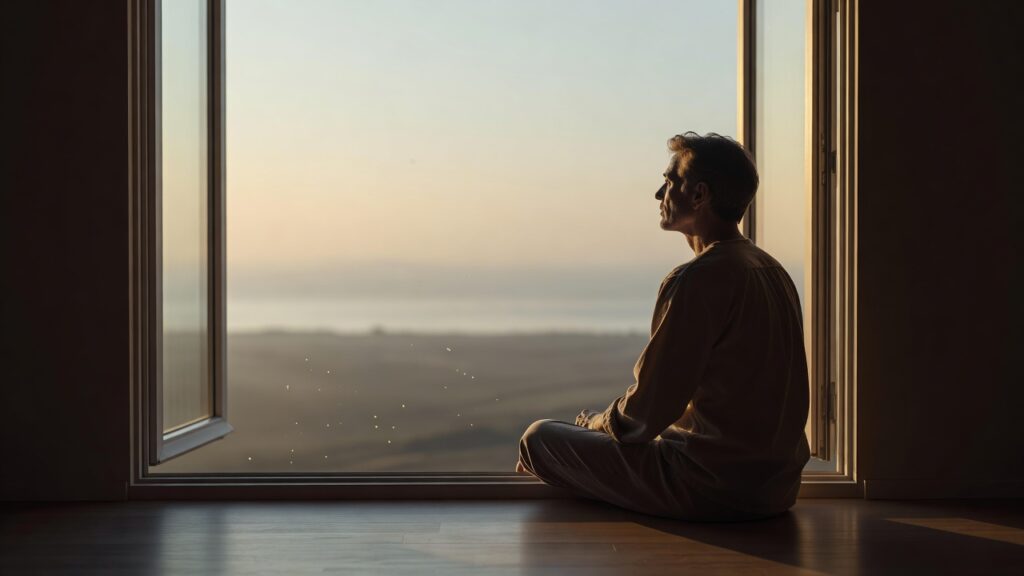 Persona sentada mirando el horizonte por una ventana