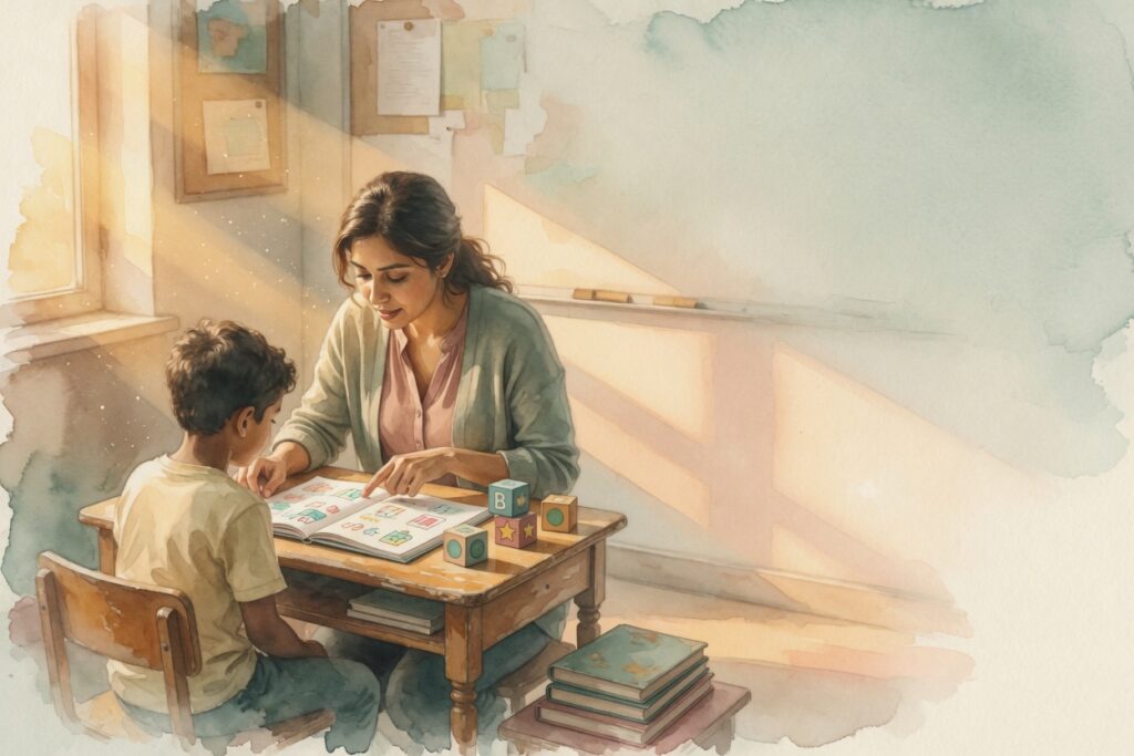 Ilustración en acuarela de una psicopedagoga que acompaña a un niño mientras trabajan juntos en un cuaderno, en un rincón del aula con luz cálida.