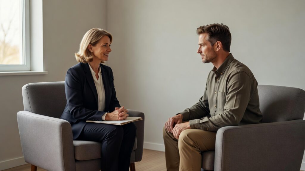 Psicóloga y paciente adulto conversando frente a frente en un consultorio