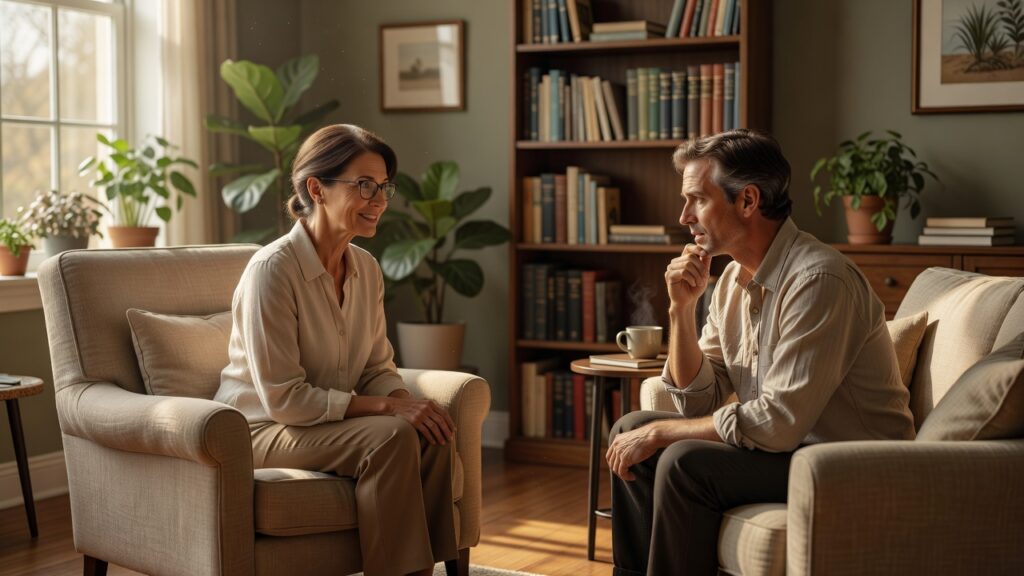 Clínico y paciente adulto conversando en un consultorio