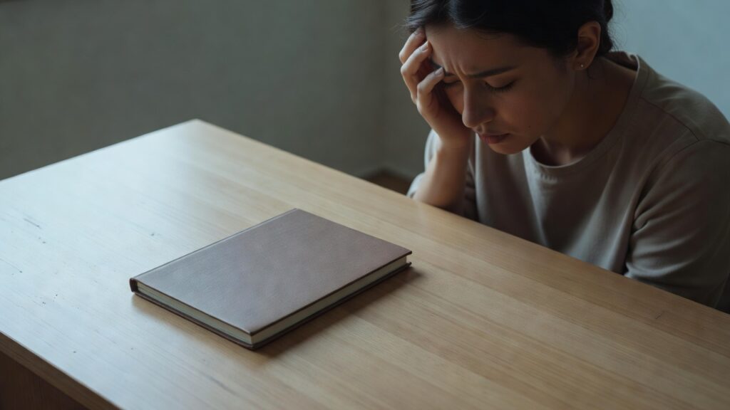 Joven sentado en un escritorio, con los ojos cerrados, pensando