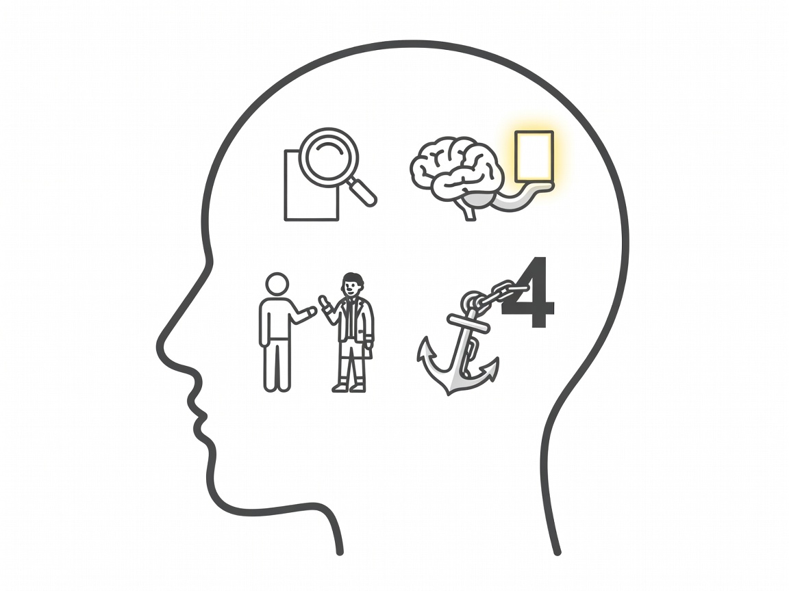 Ilustracion: cuatro sesgos cognitivos representados dentro de una cabeza